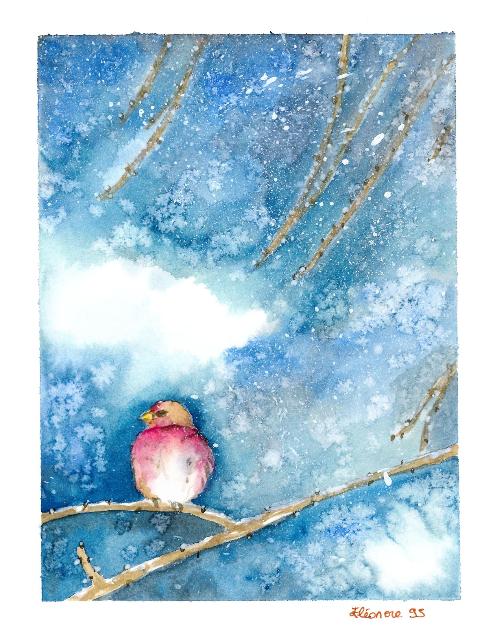 Acuarela Pájaro en invierno