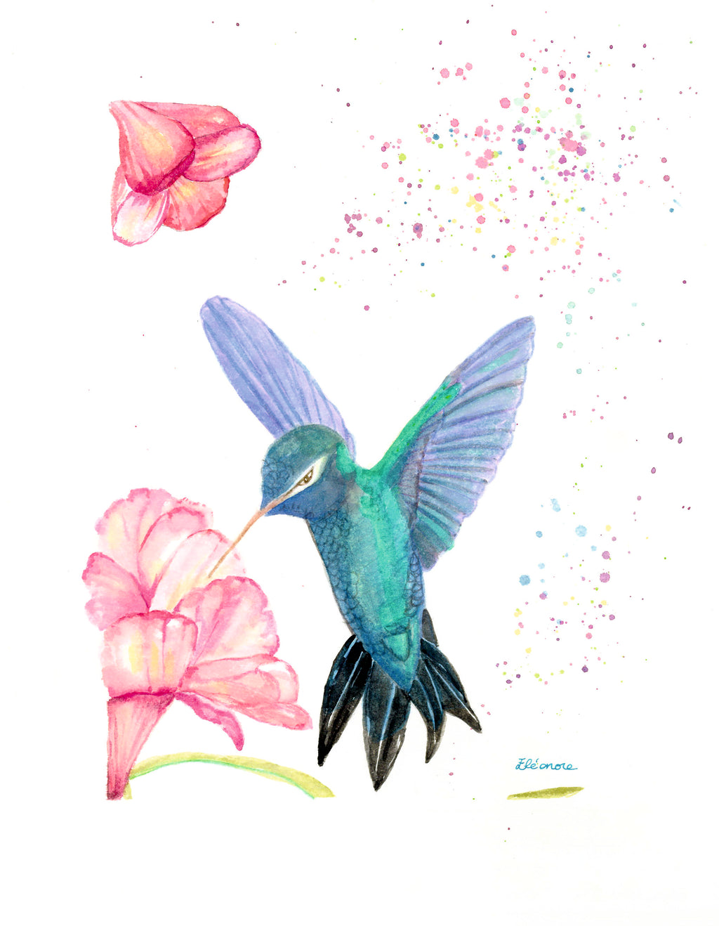 Acuarela a mano de Colibri y flores