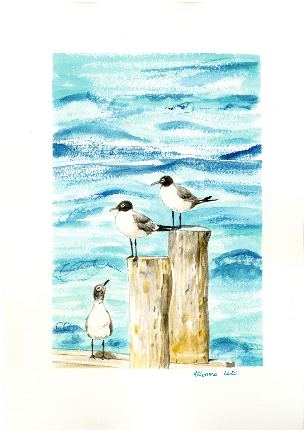 Acuarela a mano Gaviotas en el embarcadero, Mar Menor