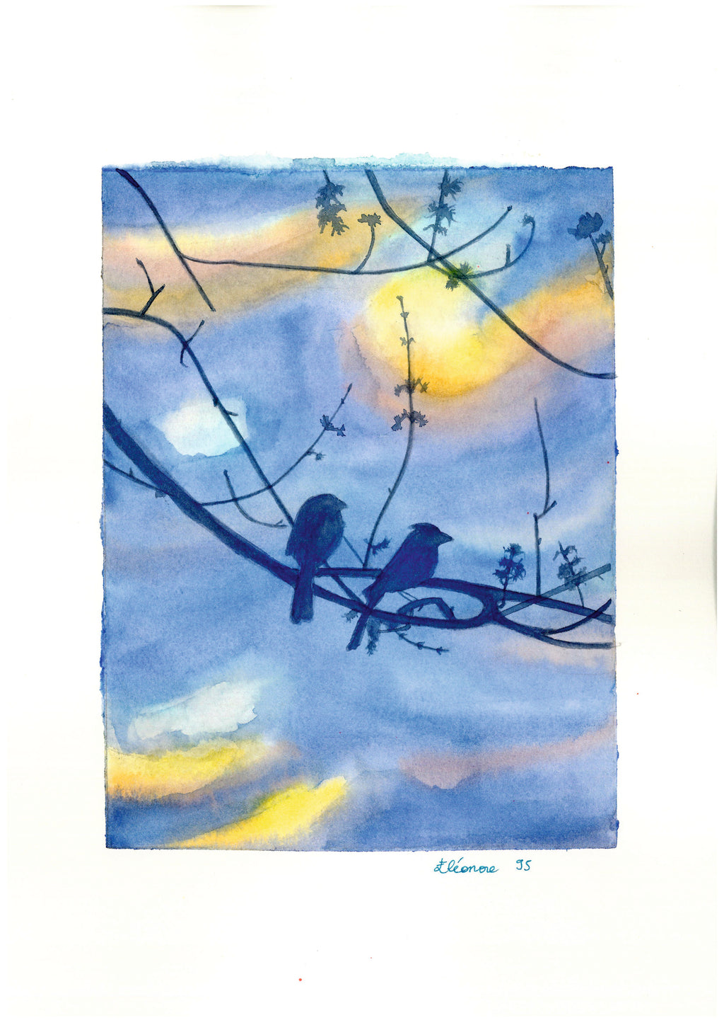 Acuarela a mano Gorriones al amanecer