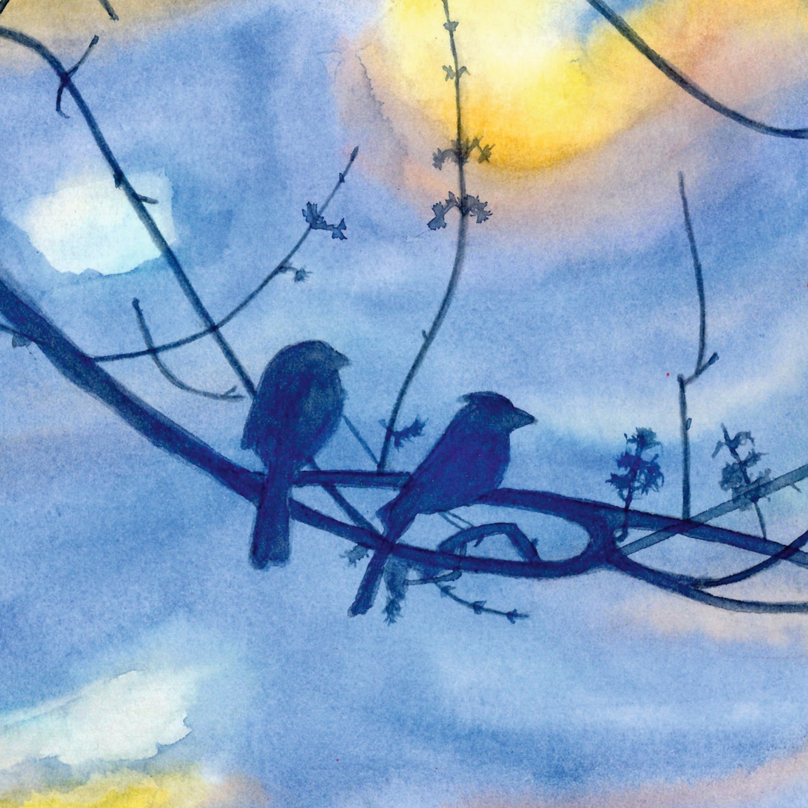 Acuarela a mano Gorriones al amanecer
