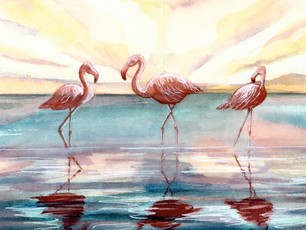 Acuarela a mano de Flamencos amanecer, San Pedro