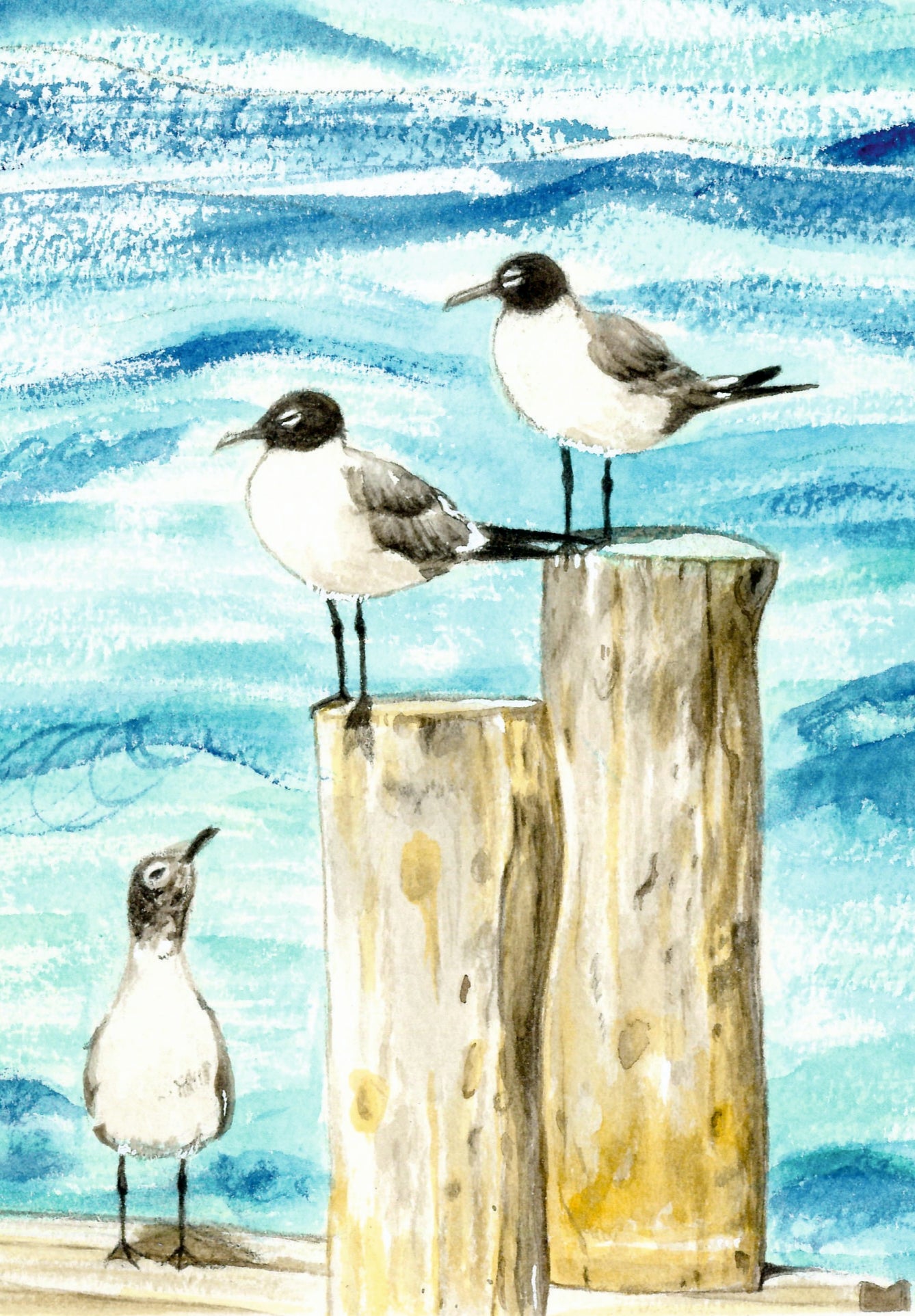 Acuarela a mano Gaviotas en el embarcadero, Mar Menor