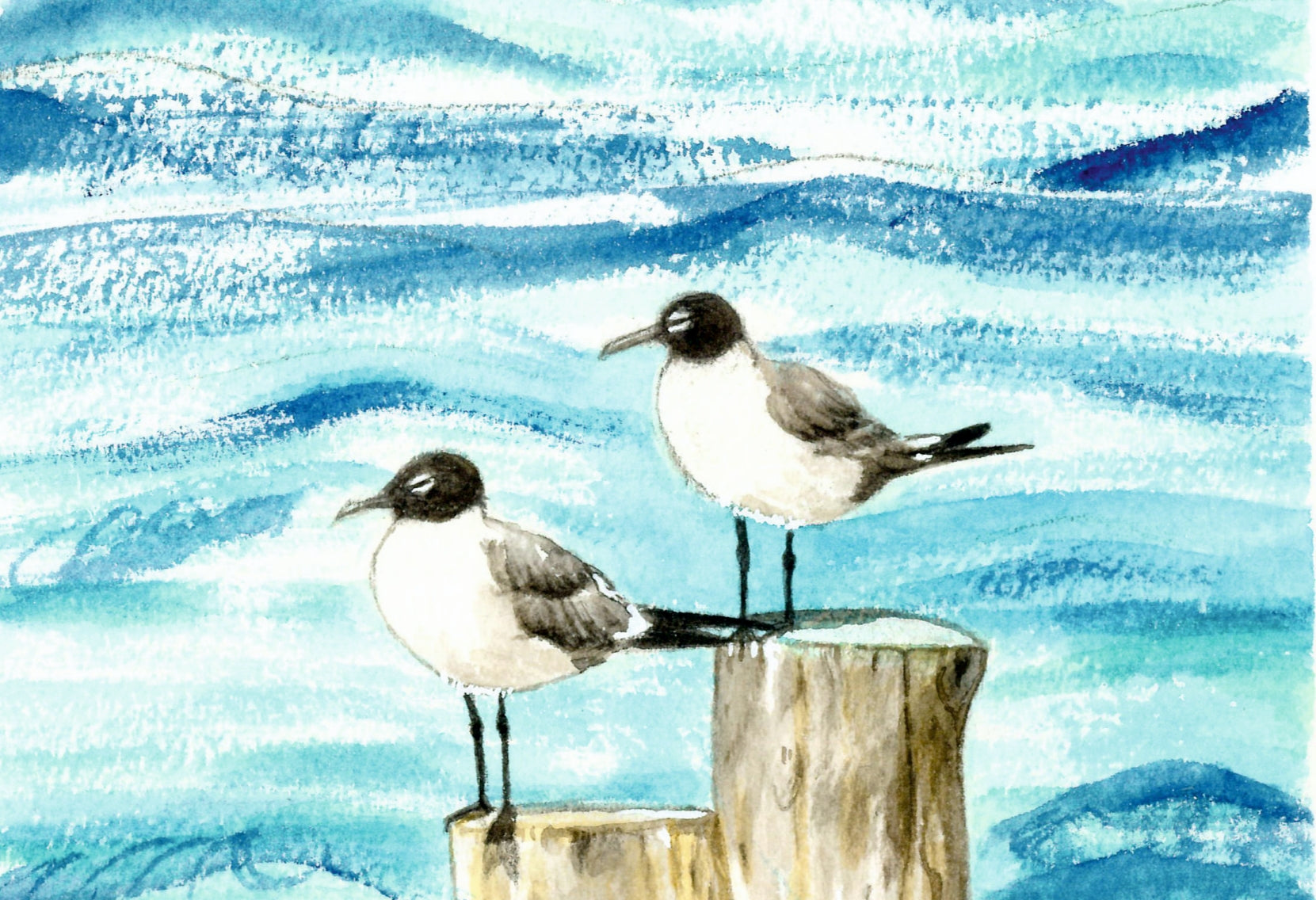 Acuarela a mano Gaviotas en el embarcadero, Mar Menor