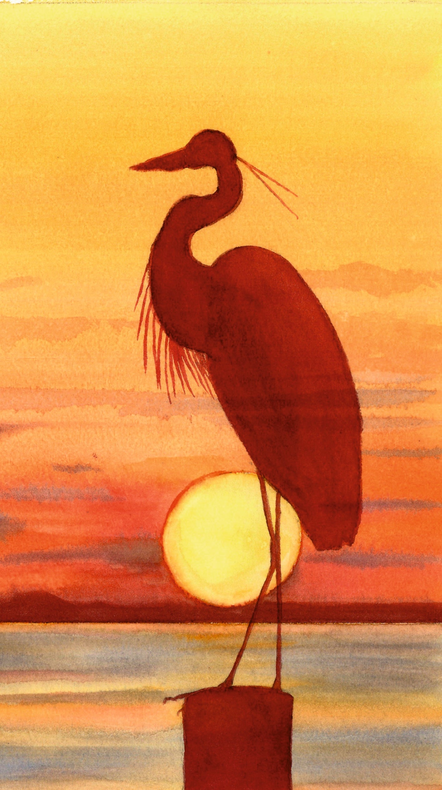 Acuarela a mano Garza al amanecer, Mar Menor