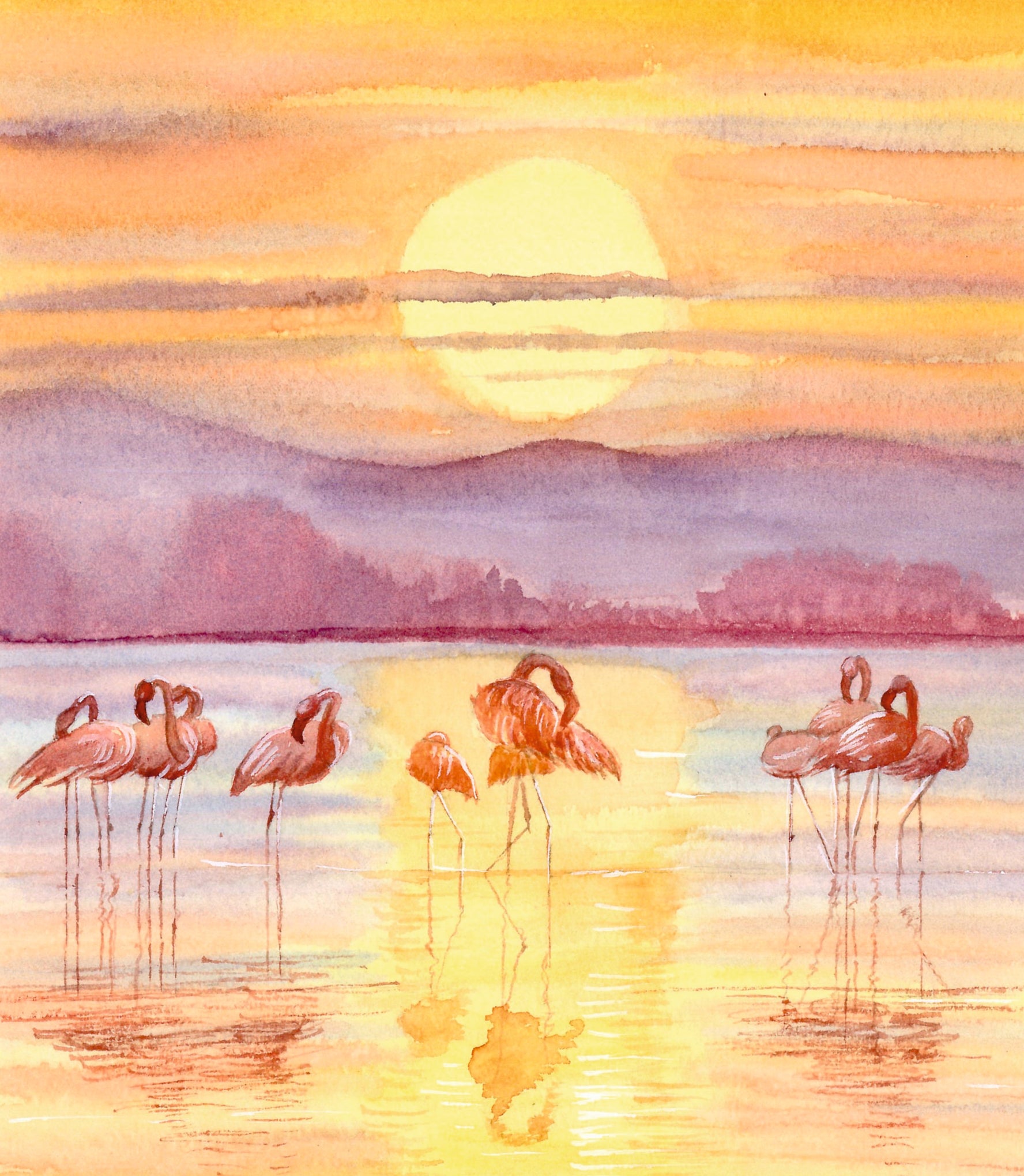 Acuarela original a mano de Flamencos de las Salinas de San Pedro al amanecer