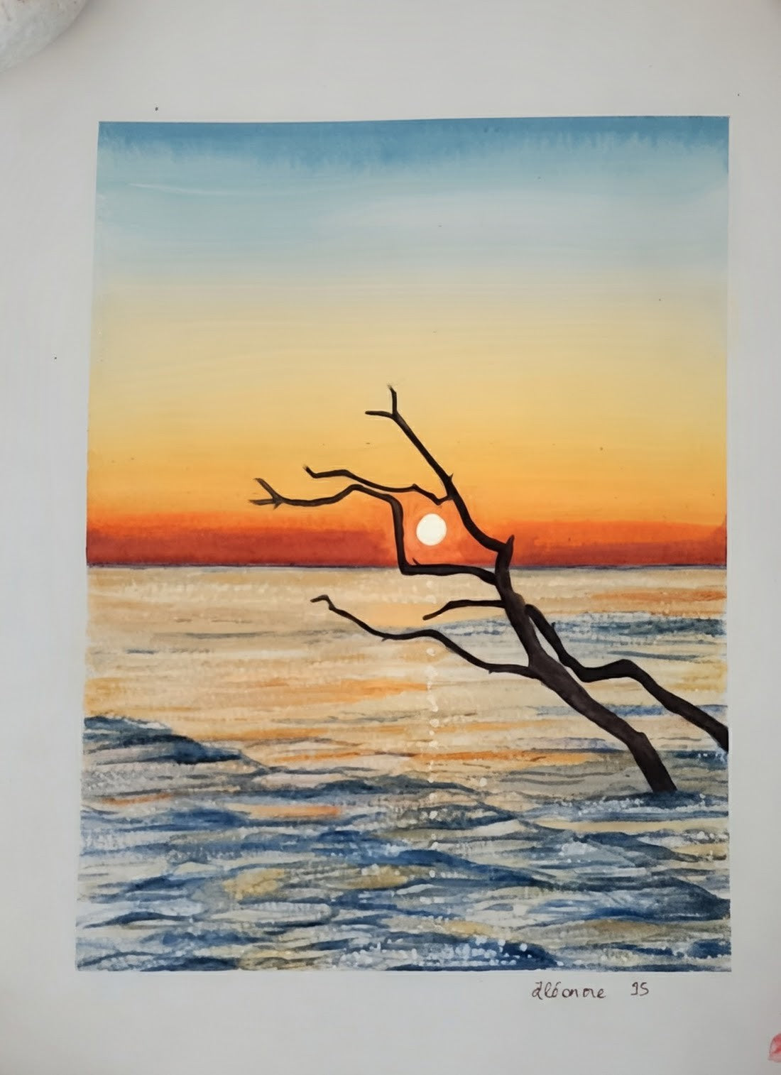 Acuarela de árbol en el agua al atardecer (impresión giclée)