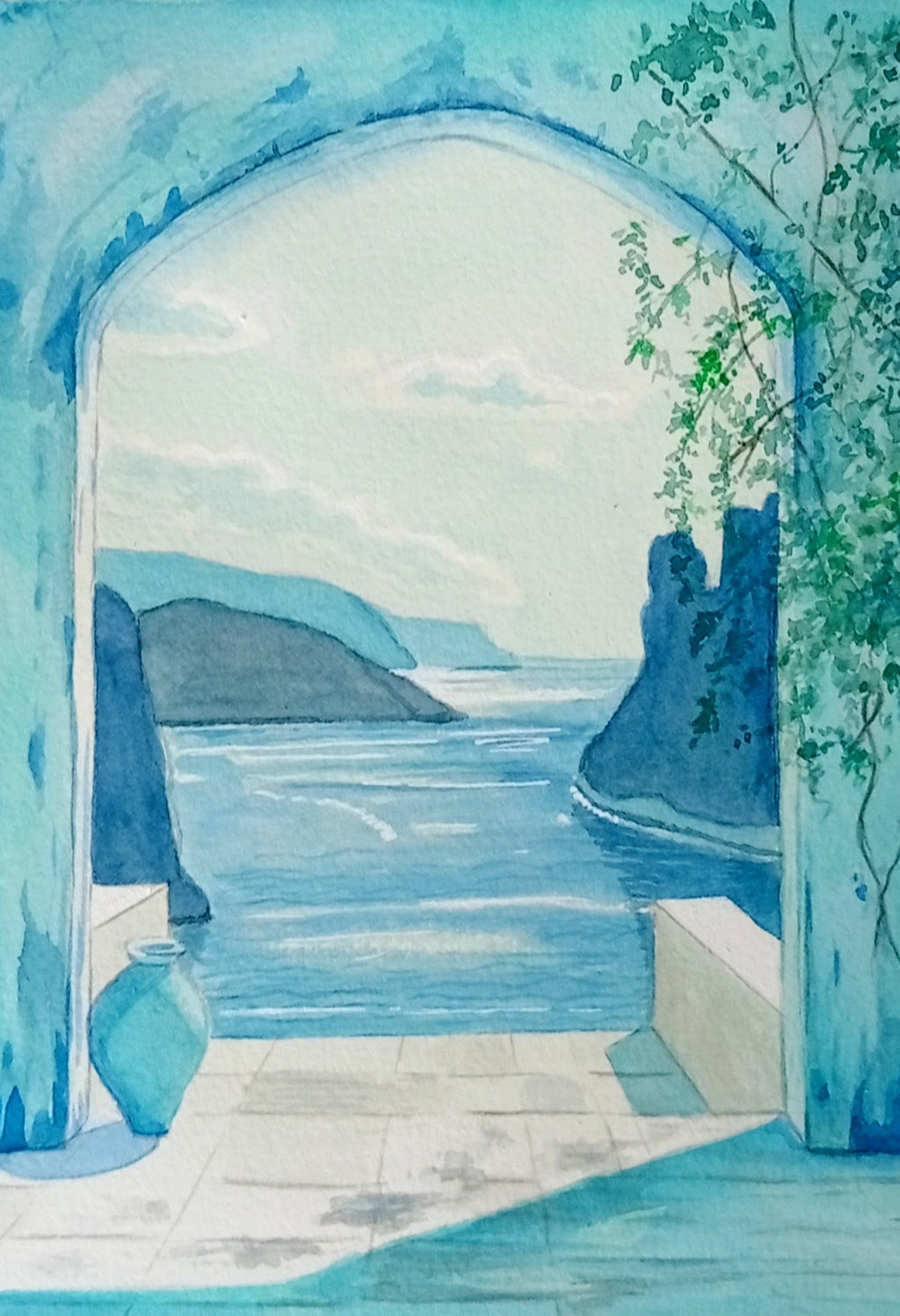 Acuarela original a manoDeclinaciones sobre el azul