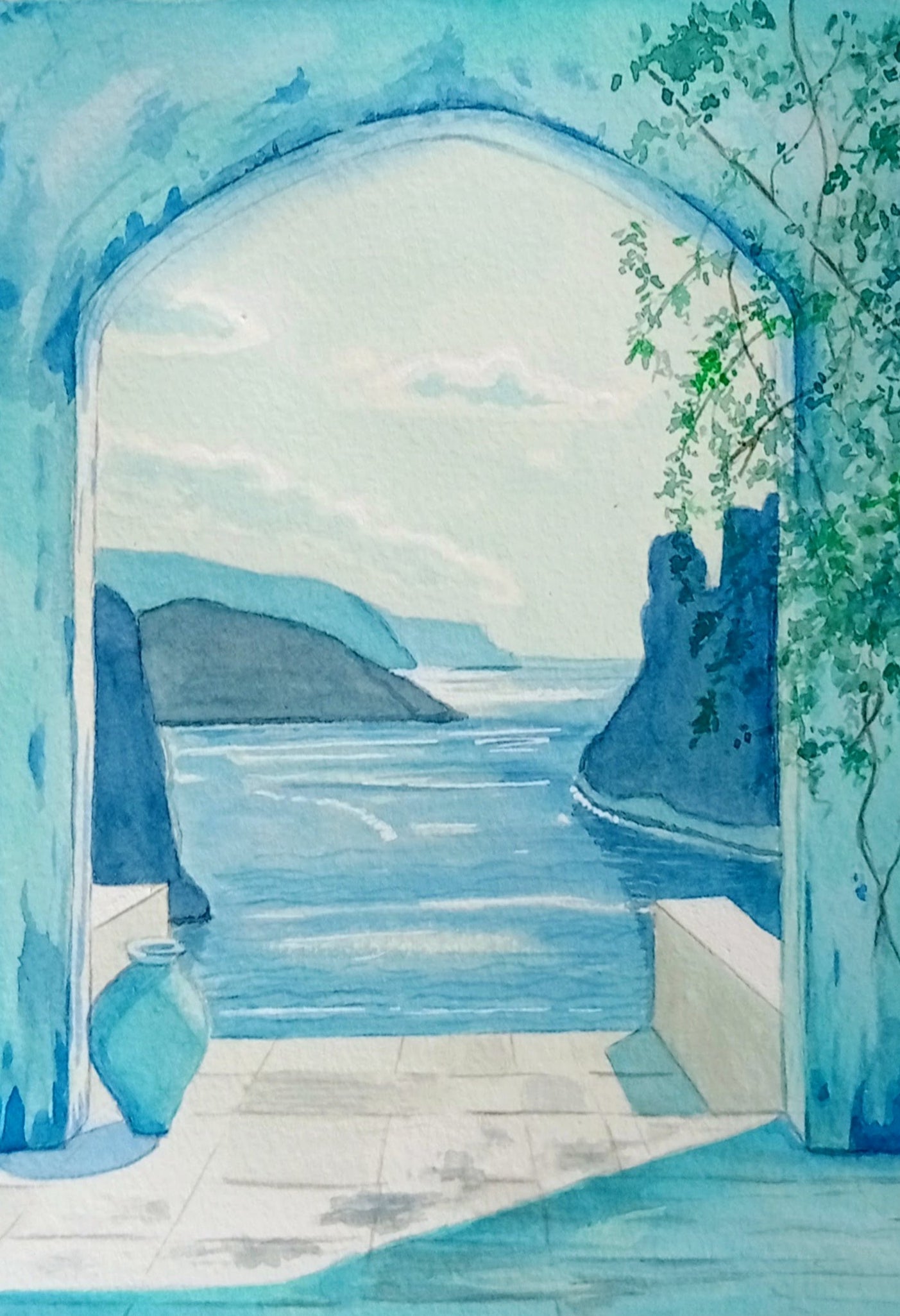 Acuarela original a manoDeclinaciones sobre el azul