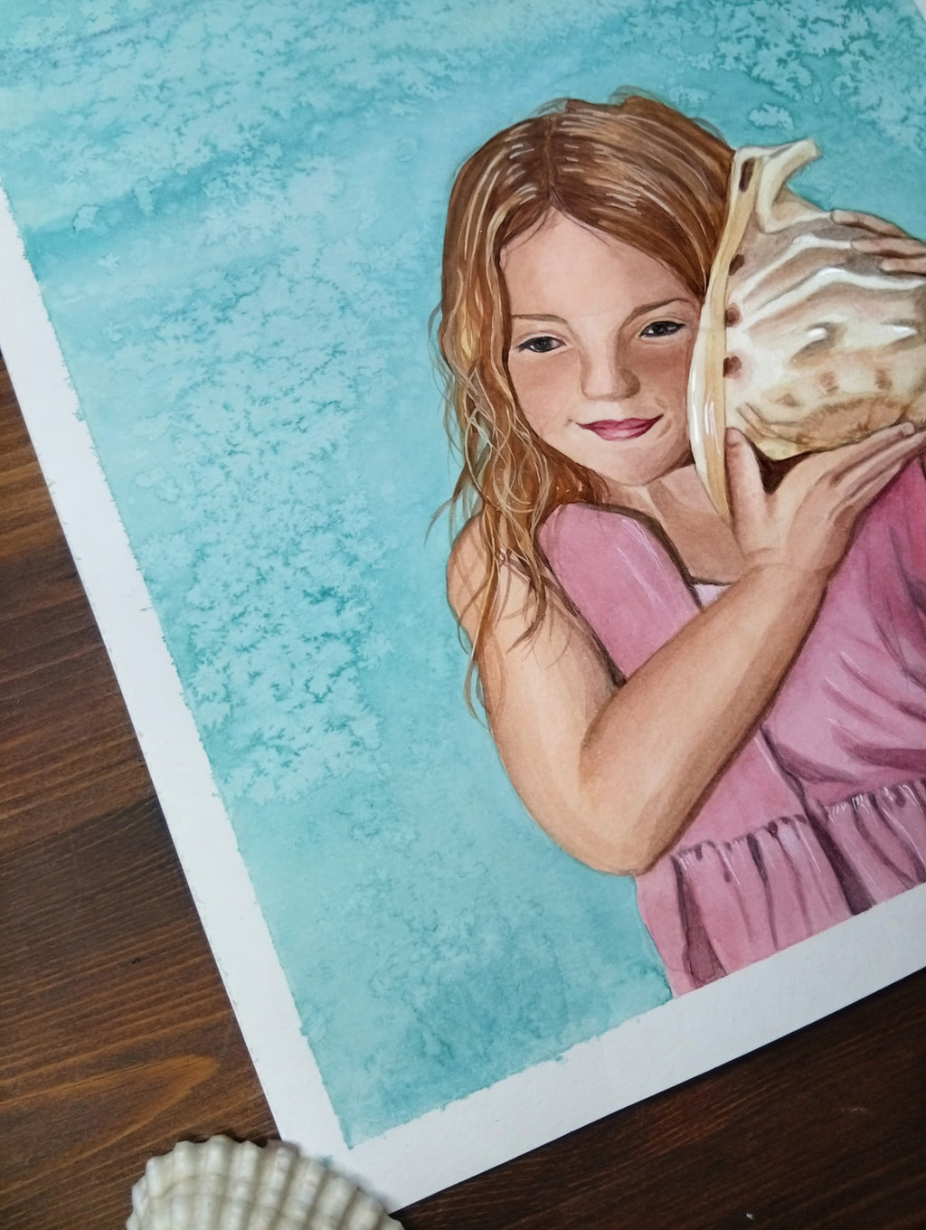 Acuarela original a mano Escuchando el mar