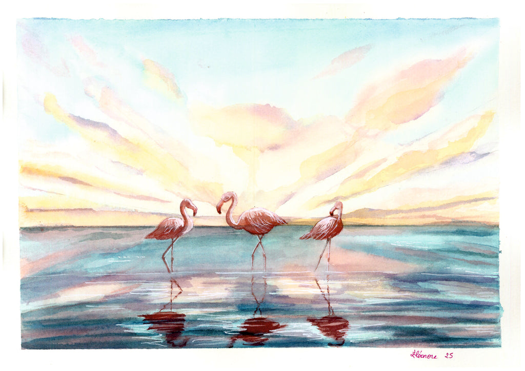 Acuarela a mano de Flamencos amanecer, San Pedro