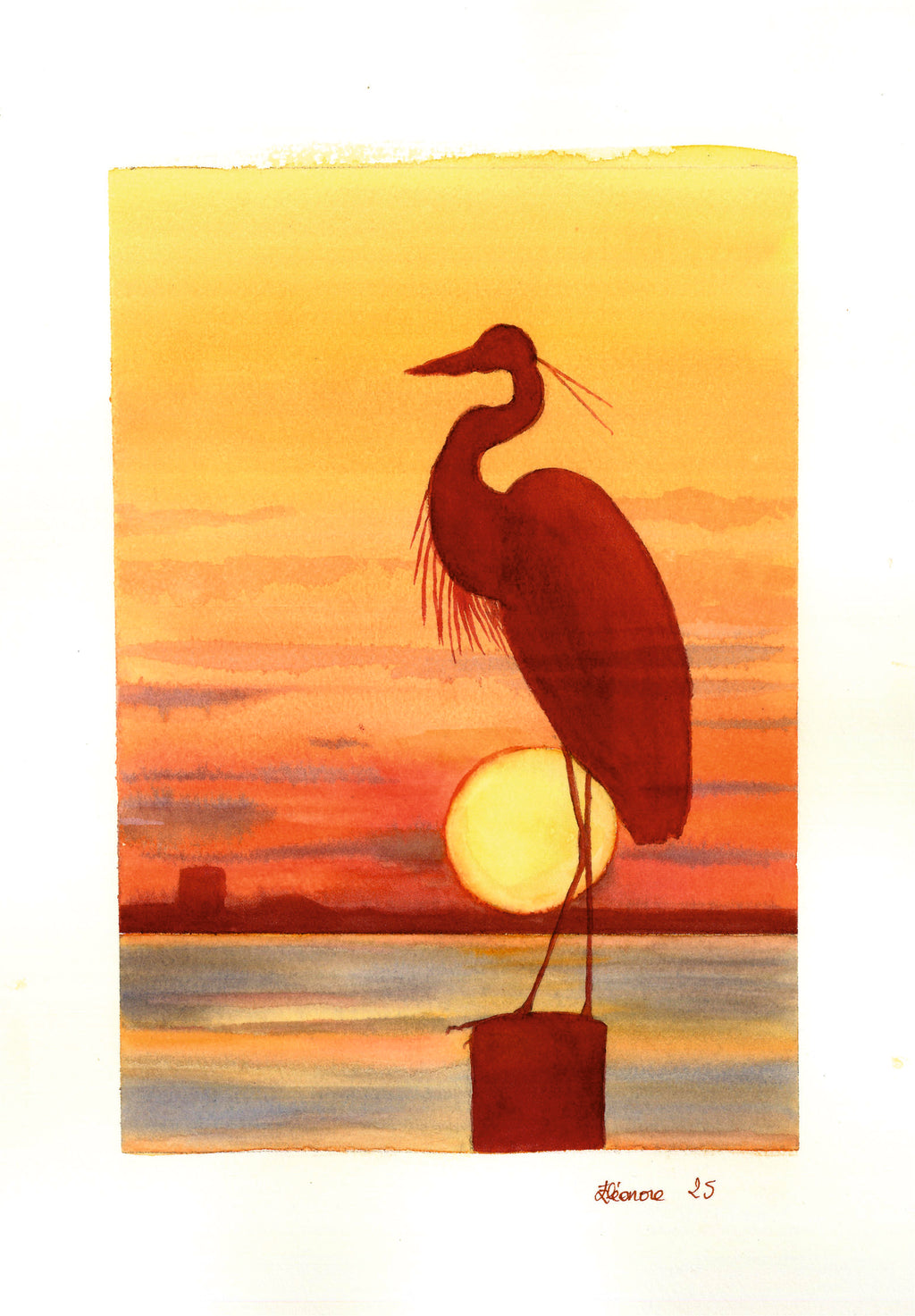 Acuarela a mano Garza al amanecer, Mar Menor